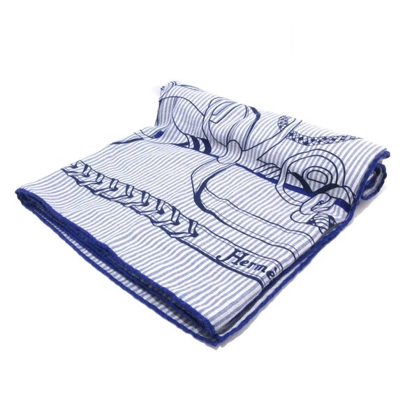 Auth HERMES Carres 140/Carre Geant - Blue Light gray Cashmere Silk Scarf - Picture 1 of 5